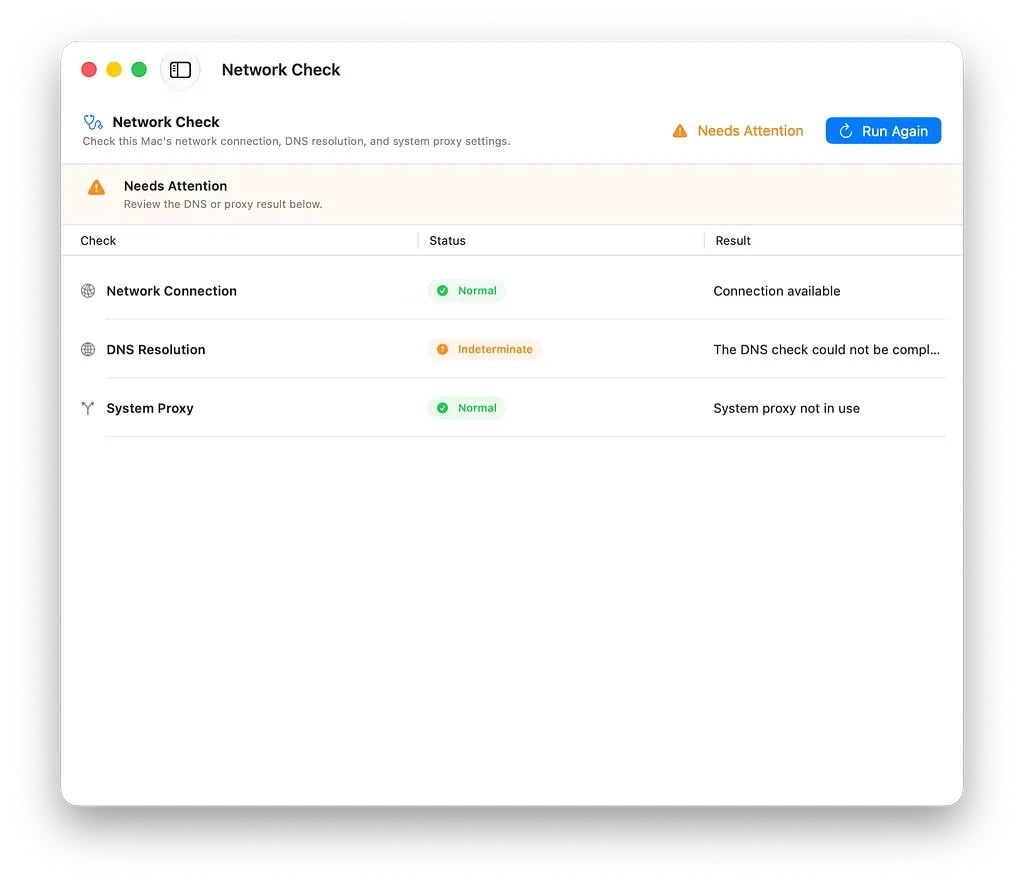 WiFi Lens 的 Network Self-Check 显示 DNS 解析失败。